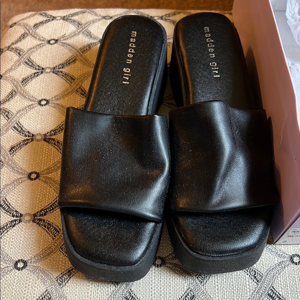 Madden Girl Black Leather Slides